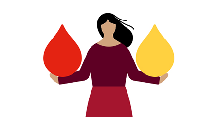 illustration of a woman holding a red blood drop and yellow plasma drop