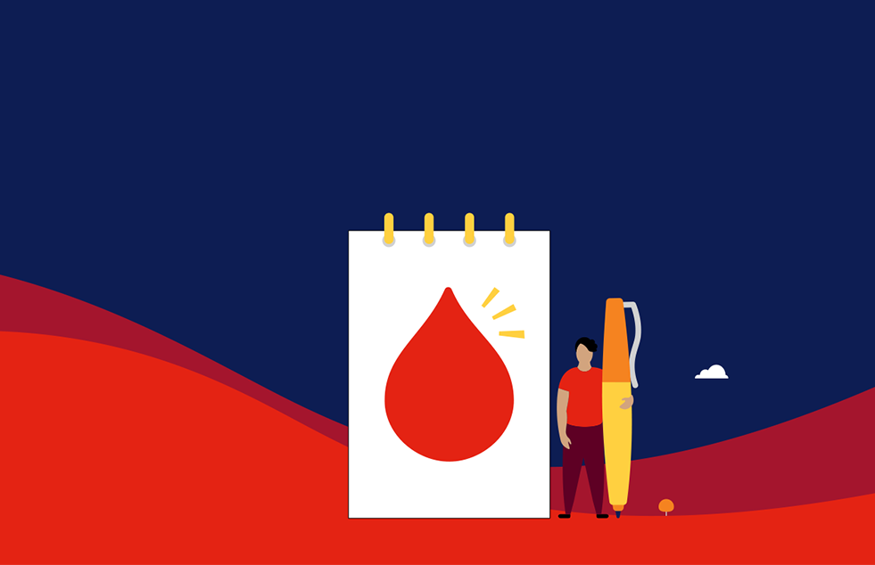 illustration of a notepad with a blood drop on it, a person standing next to it holding a pen