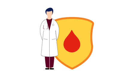 illustration of a doctor in a white coat next to a shield with a red blood drop in it