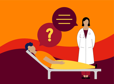 illustration of a patient laying down next to a doctor standing up with speech bubbles next to them
