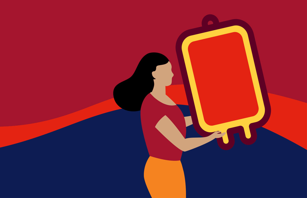 illustration of a lady holding a large bag of blood