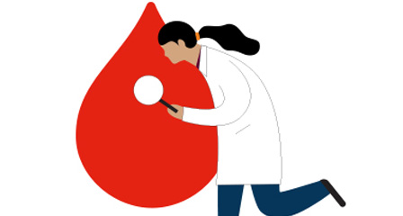 illustration of a scientist holding a magnifying glass and leaning over a large red blood drop