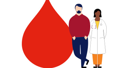 illustration of two people standing next to a giant blood droplet