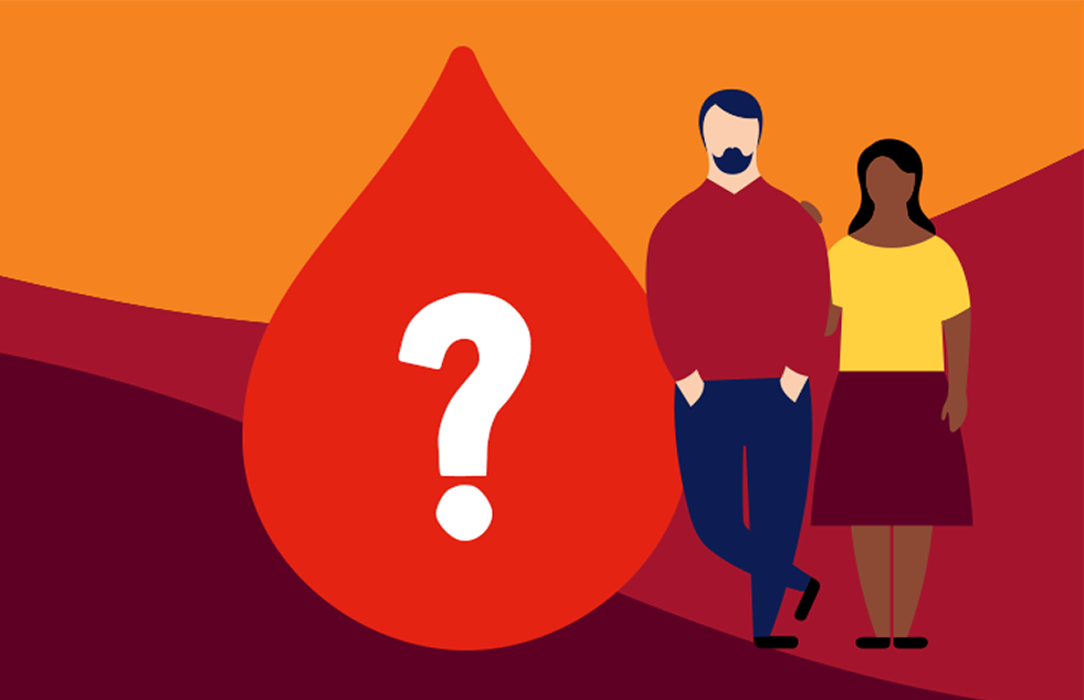 illustration of a blood drop with a question mark inside it with two people standing beside it
