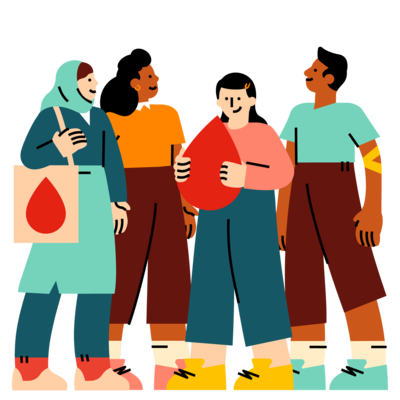 illustration of four people, one is holding a red blood droplet