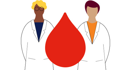 illustration of two scientists standing next to a big red blood drop