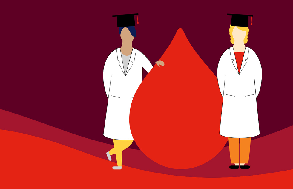 illustration of two scientists wearing graduation caps standing beside a blood drop