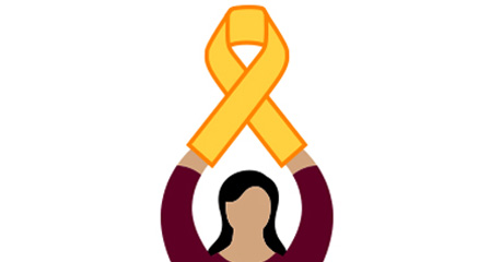 Illustration of a woman holding up a large yellow ribbon