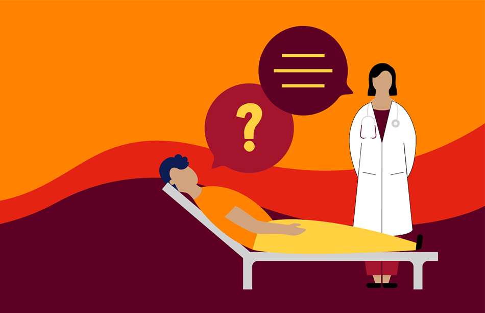 illustration of a patient laying down next to a doctor standing up with speech bubbles next to them