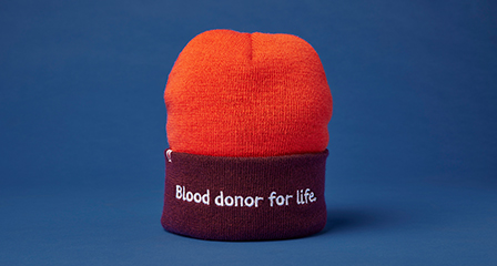 a beanie with blood donor for life written on it