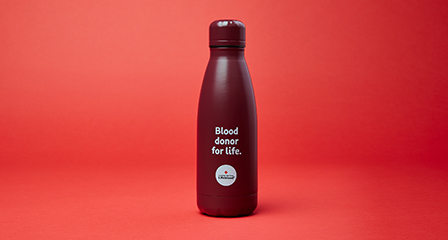 a reusable water bottle with blood donor for life written on it