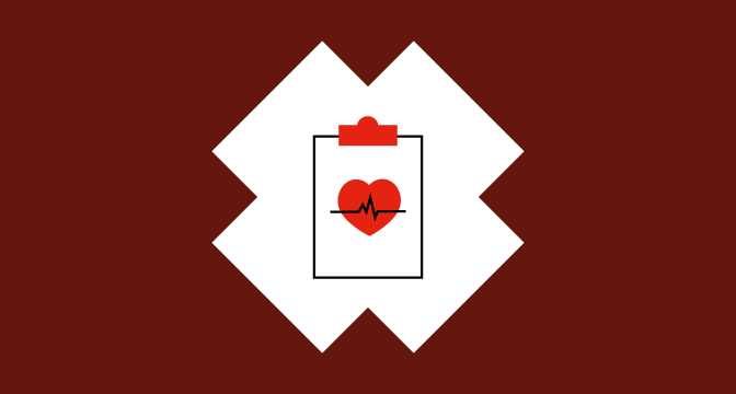 Illustration of red heart on clipboard on burgundy background