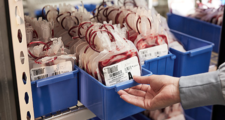 multiple bags of blood in a blue tray