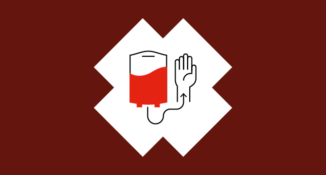illustration of bag of blood with tube going into an arm on a burgundy background