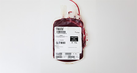 a bag containing red cells with a label on the front
