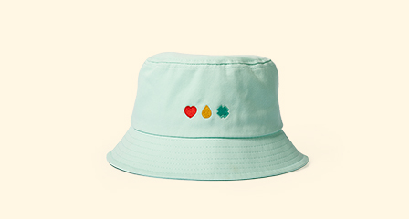 bucket hat with love heart, droplet and bandage icons