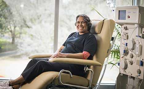 Cathy freeman sitting in a donor chair