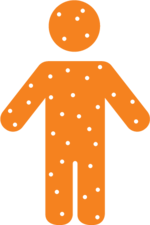 Orange illustration of child with dots representing chicken pox