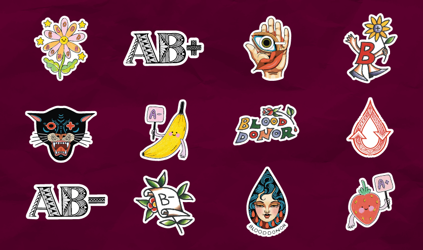 collage of the 12 blood type tattoo designs each representing a blood type