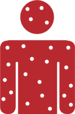Dark red illustration of adult with dot representing measles