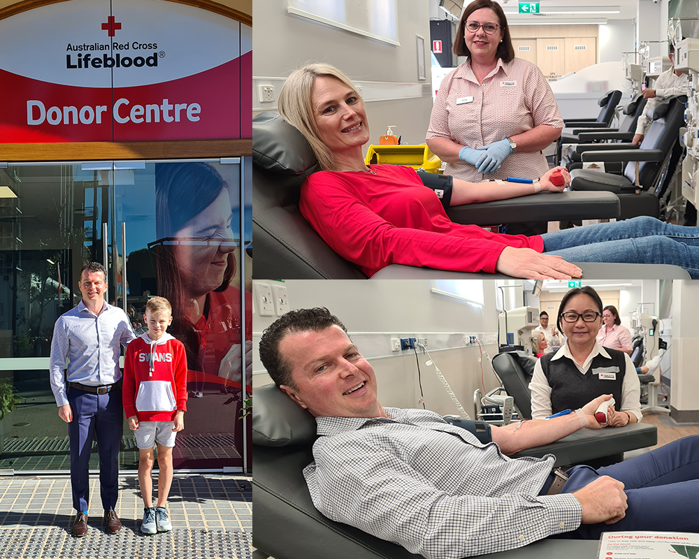 collage of young boy and middle-aged man in front of a Lifeblood Donor Centre sign, woman in the donor chair with a female nurse and middle-aged man in the donor chair with a female nurse wearing glasses