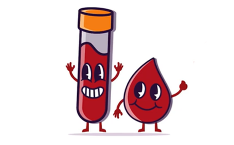 illustrations of a cartoon test tube and blood drop with smiley faces