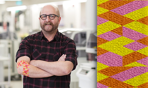 photo of artist Geoff Nees wearing the bandage he designed, on the right is a detail of the design with orange, yellow and pink geometric shapes