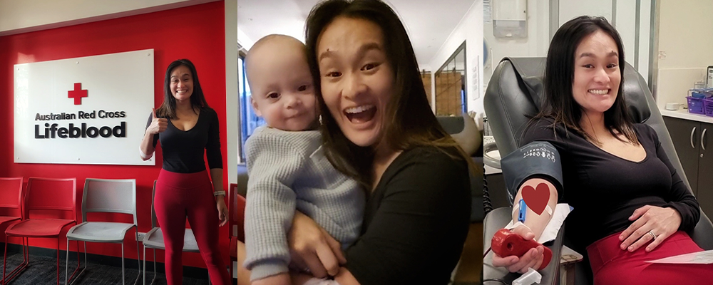 collage of young woman making a thumbs up sign in front of the Lifeblood logo, same woman with her baby and an image of her donating plasma