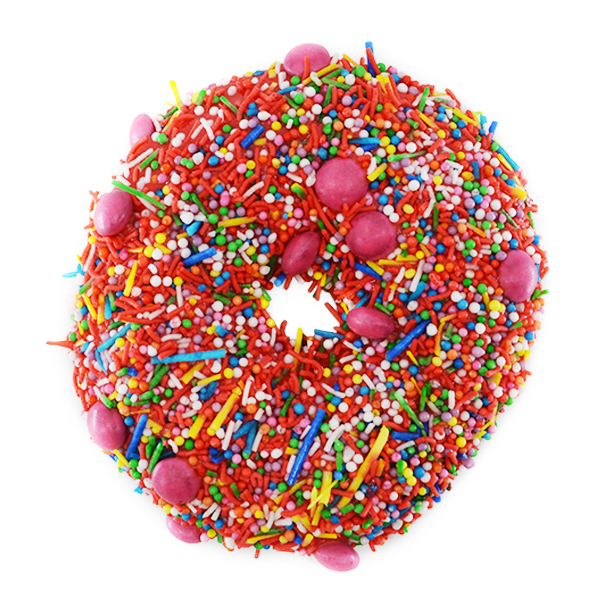 photo of a full donut with sprinkles and pink icing