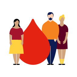 Illustration of people standing with a big blood drop.