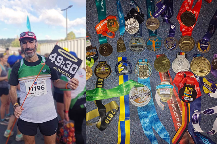 donor Jarrod is dressed in marathon running clothes holding up a flag. Next to this is a photograph of several marathon medals