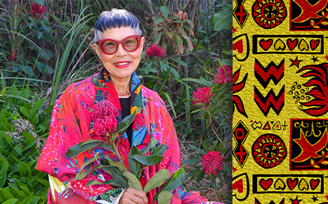 photo of artist jenny kee wearing bright clothes and red glasses, on the right is the bandage she designed, it is yellow with red and black coloured symbols
