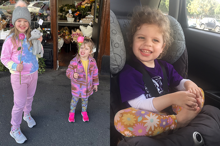 two image collage of two girls smiling at the camera with roses in their hand and a toddler in a car seat