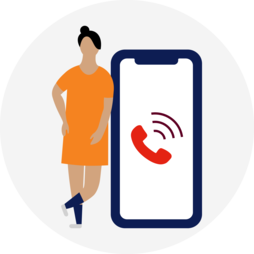 Illustration of a lady standing next to a mobile phone to call Lifeblood.