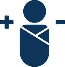 Navy illustration of a swaddled baby, with a - sign on the left and a + on the right