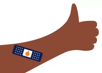 illustration of an arm with a bandaid in the middle, the hand is giving a thumbs up