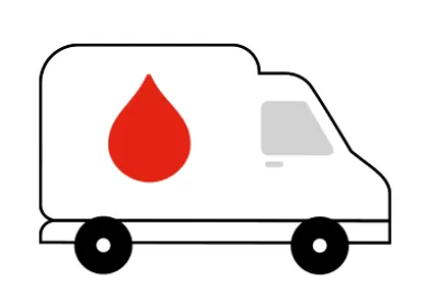 illustration of a white blood delivery van with a big red blood droplet on the side of it