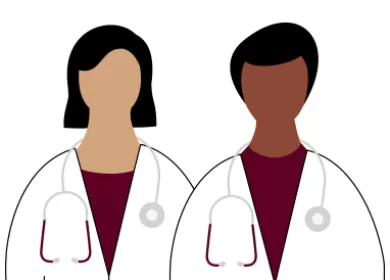 illustration of two doctors wearing white lab coats with stethoscopes over their shoulders