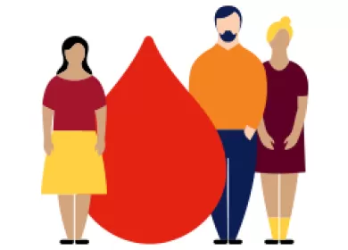 Illustration of three people next to a blood drop