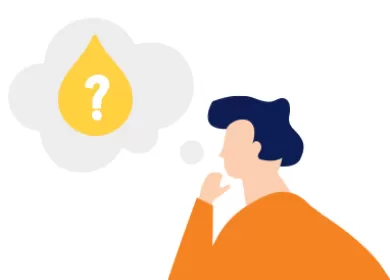 illustration of a man in a thinking pose, a thought bubble contains a yellow plasma drop with a white question mark on it