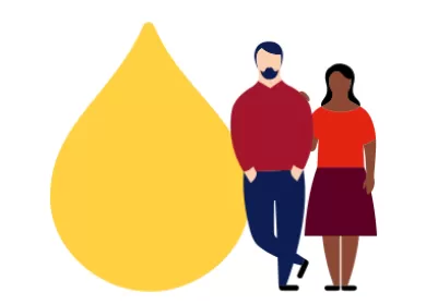 Illustration of a man and woman standing next to a yellow plasma drop