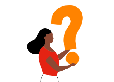 A woman holding an orange question mark.