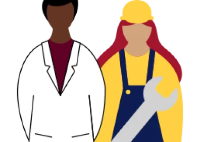 illustration of a scientist and a trades worker