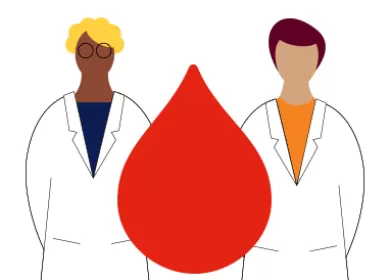 illustration of two scientists standing next to a big red blood drop