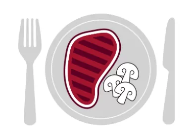 illustration of steak and mushrooms on a plate with a knife and fork next to it