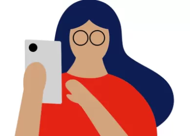 Illustration of woman with dark hair and a red dress holding a phone.