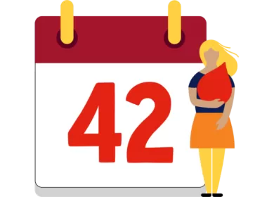 An illustration of a woman standing next to a calendar saying 42