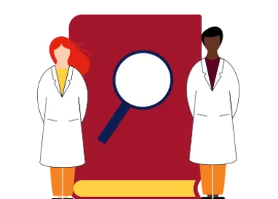 illustration of two scientists standing on either side of a large book with a magnifying glass on the cover