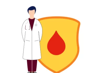 illustration of a doctor in a white coat next to a shield with a red blood droplet on it