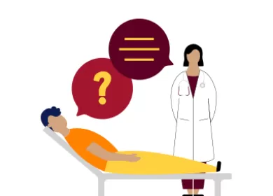 illustration of a patient seated with a doctor beside him with speech bubbles